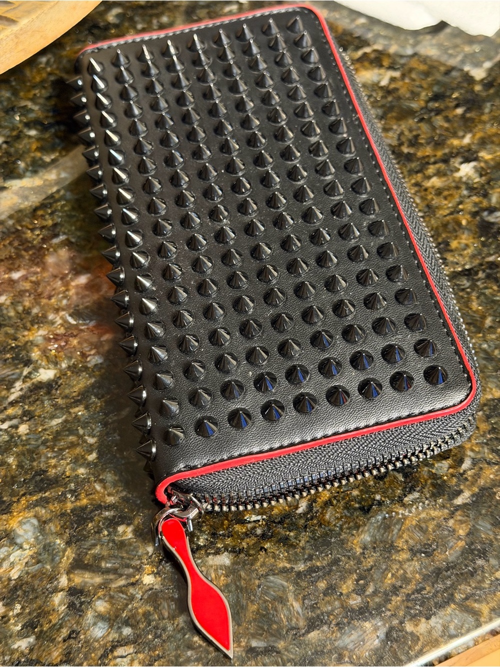 Black Studded Zip-Around Wallet with Red Trim